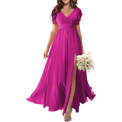 Elegant Custom V-Neck Bridesmaid Dress – Long Chiffon, Side Split, Short Sleeves