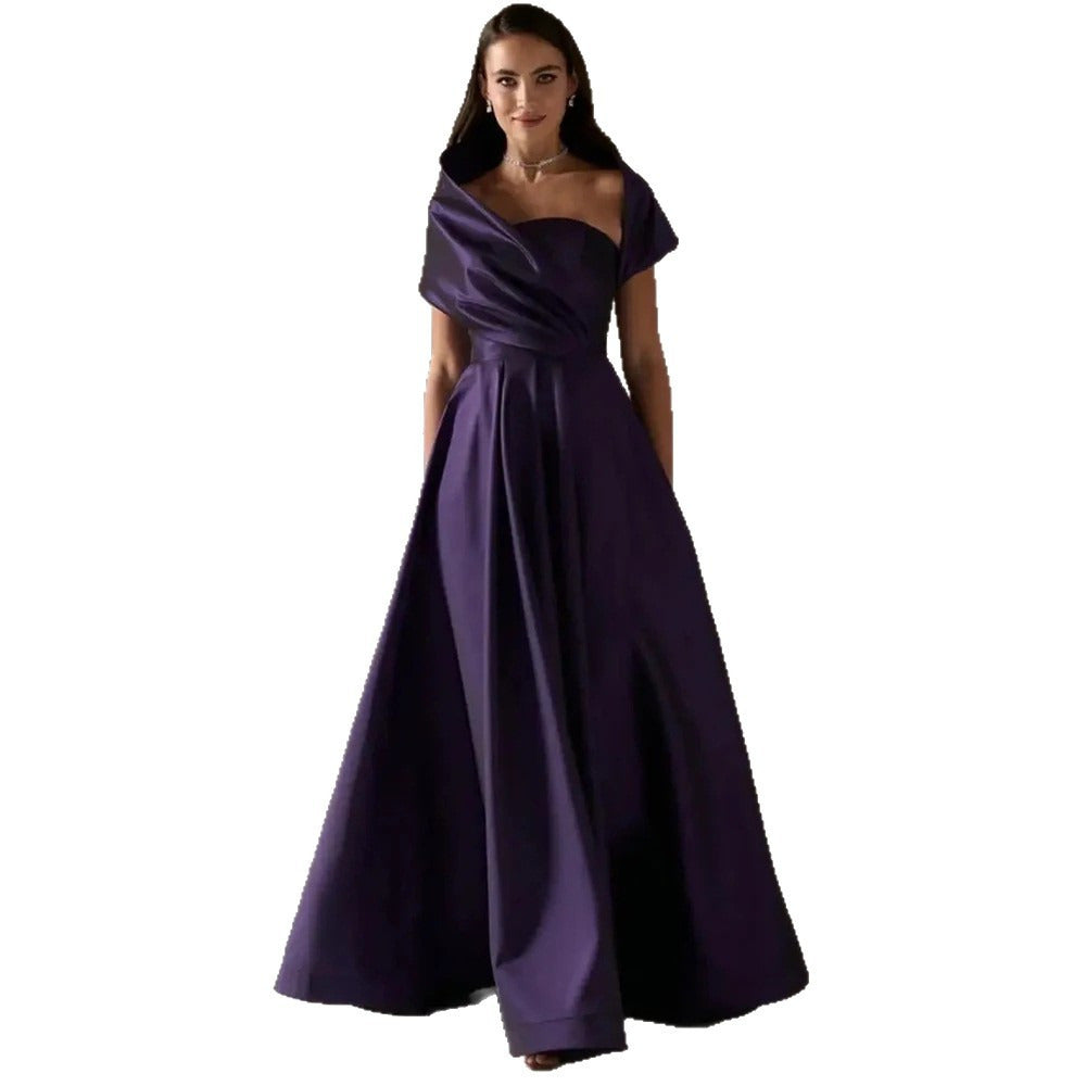 Elegant Eggplant Purple Evening Gown with Draped Off-Shoulder Neckline SD Dresscode & Fashiontrends Elegant Eggplant Purple Evening Gown with Draped Off-Shoulder Neckline SD Dresscode & Fashiontrends