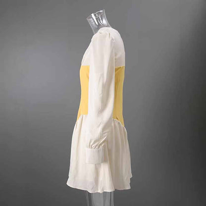 Elegant High Waist Ruffle Mini Dress – Short Contrast V-Neck Dress for Women