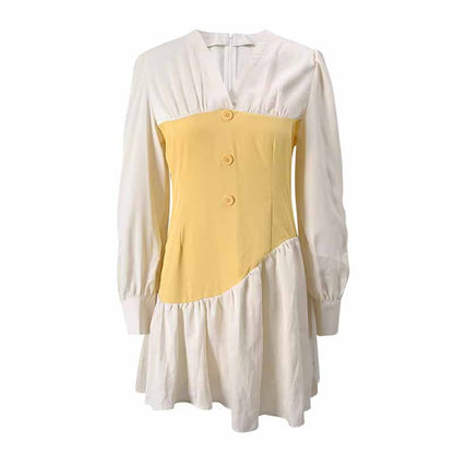 Elegant High Waist Ruffle Mini Dress – Short Contrast V-Neck Dress for Women