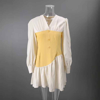 Elegant High Waist Ruffle Mini Dress – Short Contrast V-Neck Dress for Women