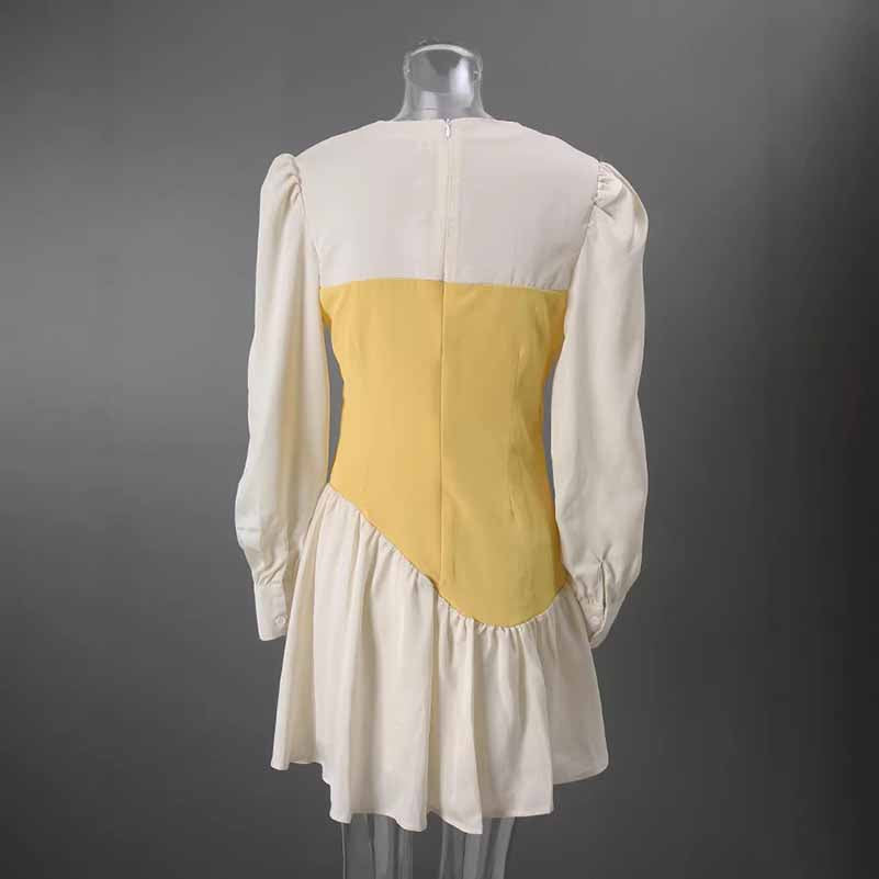 Elegant High Waist Ruffle Mini Dress – Short Contrast V-Neck Dress for Women