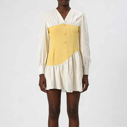 Elegant High Waist Ruffle Mini Dress – Short Contrast V-Neck Dress for Women