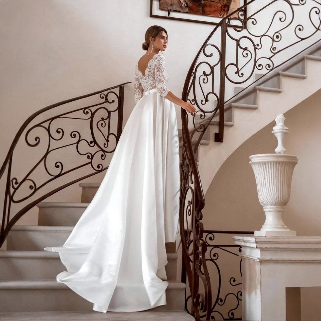 Elegant Lace & Satin Wedding Gown – V-Neck, 3/4 Sleeves, A-Line Bridal Dress