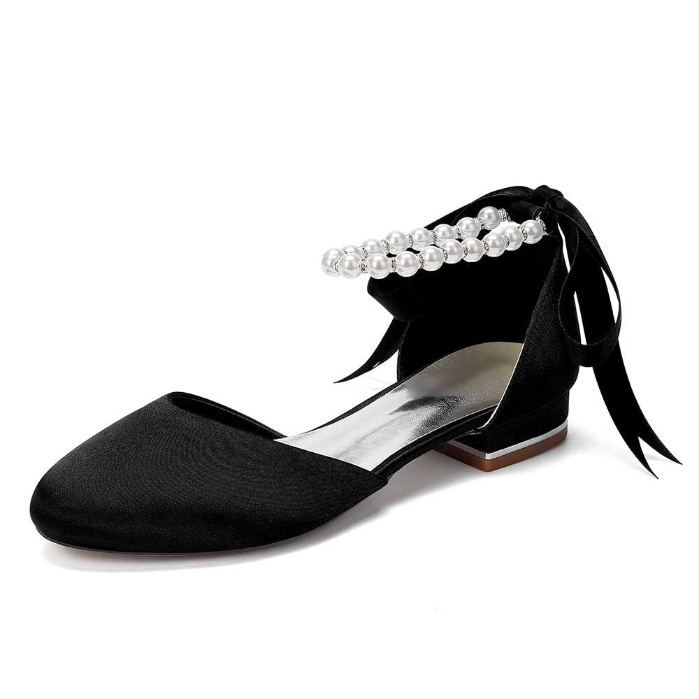 Elegant Pearl Ankle Strap Flats – Comfortable Low Heel Wedding & Bridal Shoes