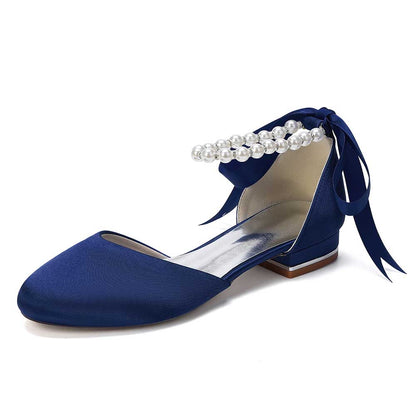 Elegant Pearl Ankle Strap Flats – Comfortable Low Heel Wedding & Bridal Shoes