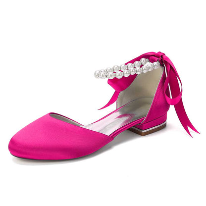 Elegant Pearl Ankle Strap Flats – Comfortable Low Heel Wedding & Bridal Shoes