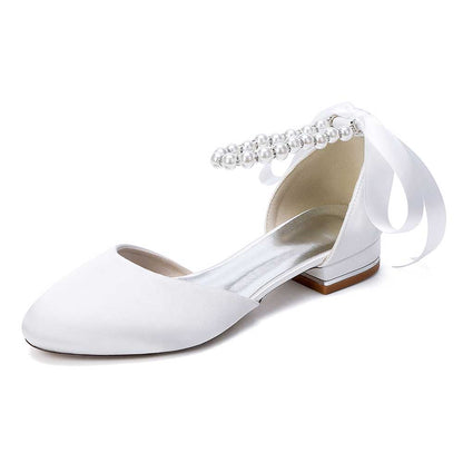 Elegant Pearl Ankle Strap Flats – Comfortable Low Heel Wedding & Bridal Shoes