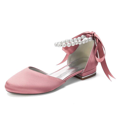 Elegant Pearl Ankle Strap Flats – Comfortable Low Heel Wedding & Bridal Shoes
