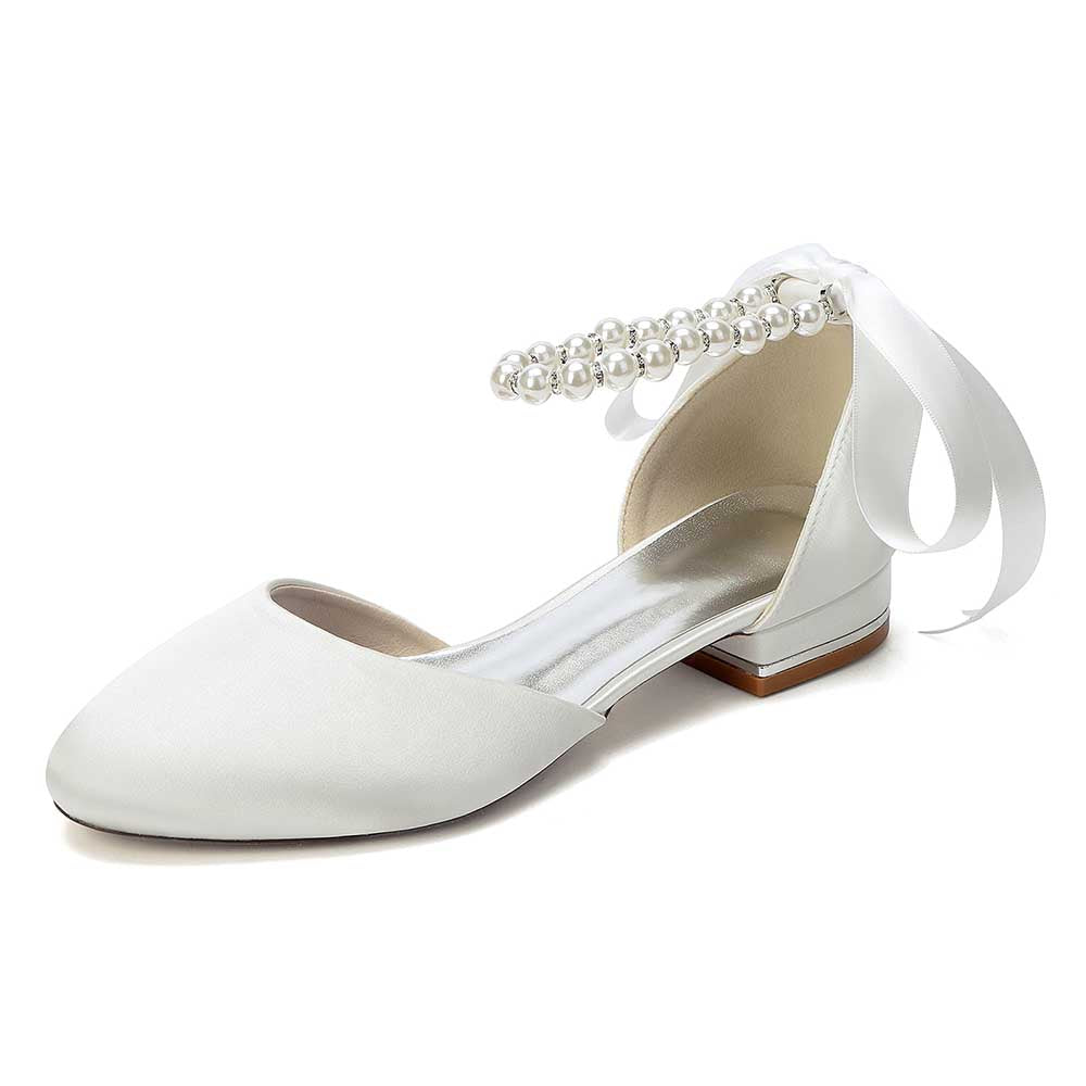 Elegant Pearl Ankle Strap Flats – Comfortable Low Heel Wedding & Bridal Shoes
