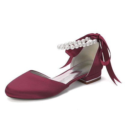 Elegant Pearl Ankle Strap Flats – Comfortable Low Heel Wedding & Bridal Shoes