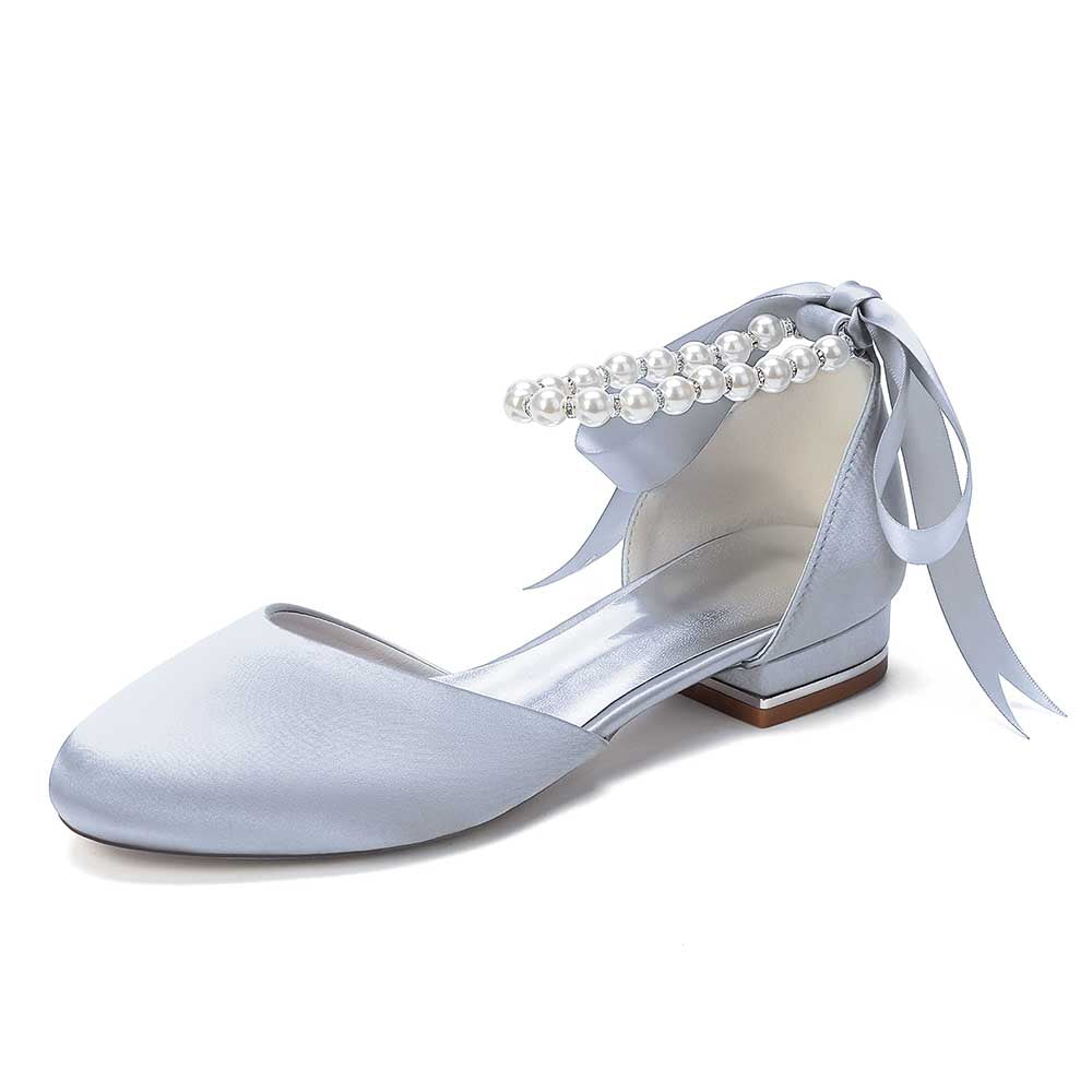 Elegant Pearl Ankle Strap Flats – Comfortable Low Heel Wedding & Bridal Shoes