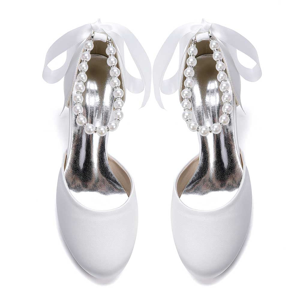 Elegant Pearl Ankle Strap Flats – Comfortable Low Heel Wedding & Bridal Shoes