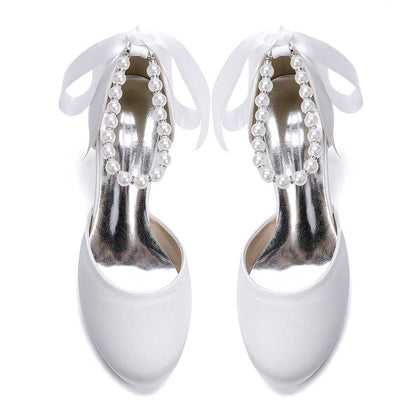Elegant Pearl Ankle Strap Flats – Comfortable Low Heel Wedding & Bridal Shoes