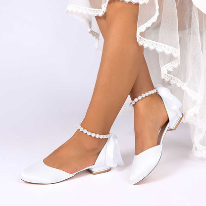 Elegant Pearl Ankle Strap Flats – Comfortable Low Heel Wedding & Bridal Shoes