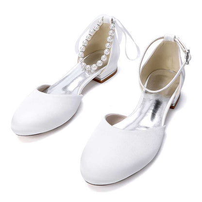 Elegant Pearl Ankle Strap Flats – Comfortable Low Heel Wedding & Bridal Shoes