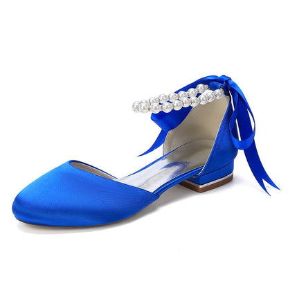 Elegant Pearl Ankle Strap Flats – Comfortable Low Heel Wedding & Bridal Shoes