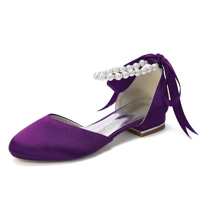 Elegant Pearl Ankle Strap Flats – Comfortable Low Heel Wedding & Bridal Shoes