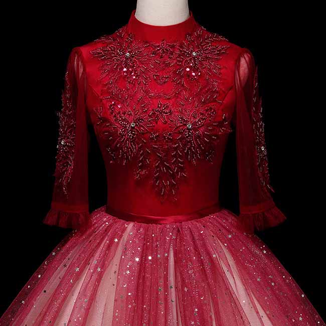 Fall/Winter Wedding Prom Red Gradient Long-sleeve Ball Gown Dress