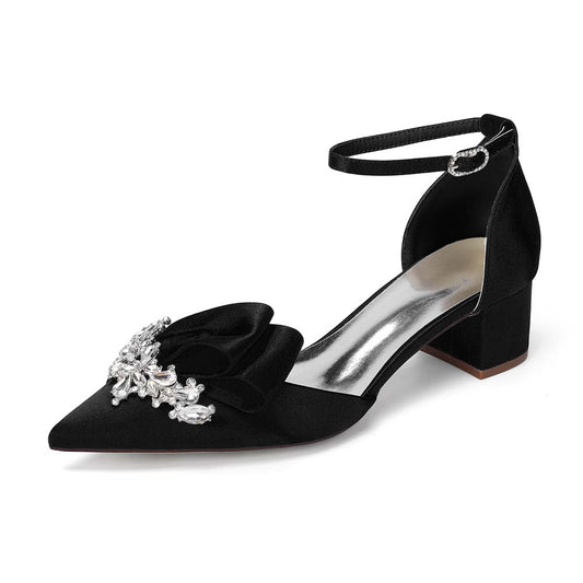 Elegant Satin Ankle Strap Mid Heel Shoes with Crystal Embellishment & Bow