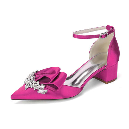 Elegant Satin Ankle Strap Mid Heel Shoes with Crystal Embellishment & Bow