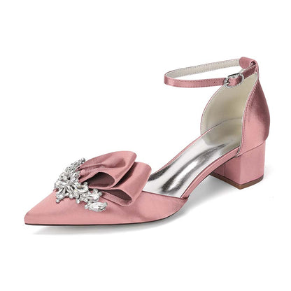 Elegant Satin Ankle Strap Mid Heel Shoes with Crystal Embellishment & Bow