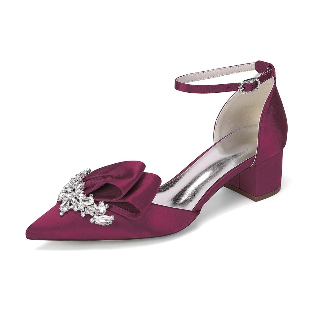Elegant Satin Ankle Strap Mid Heel Shoes with Crystal Embellishment & Bow