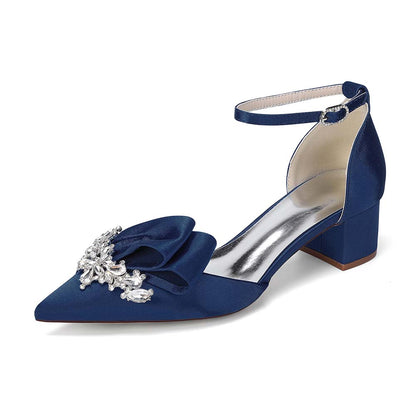 Elegant Satin Ankle Strap Mid Heel Shoes with Crystal Embellishment & Bow