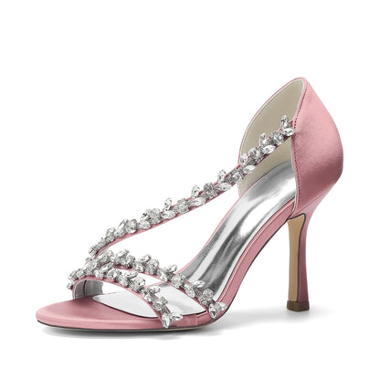 Elegant Satin Bridal Sandals with Crystal Rhinestone, Women's High Heel Shoes for Wedding Dress, Formal Party & Bride