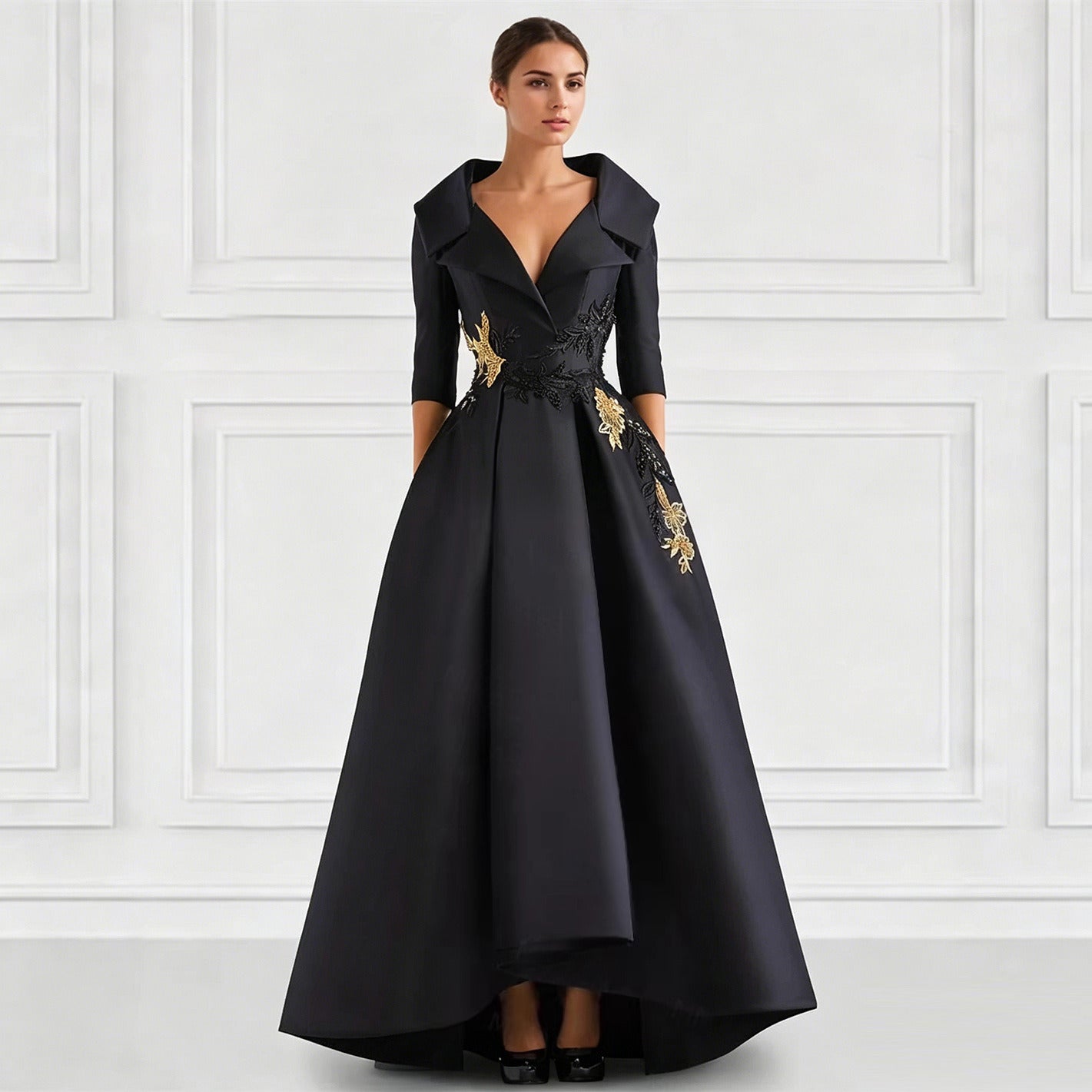 Elegant Satin Evening Gown | V-Neck 3/4 Sleeve Formal Gown with Gold Appliqu