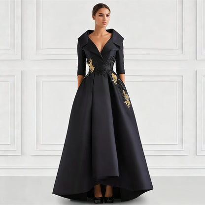 Elegant Satin Evening Gown | V-Neck 3/4 Sleeve Formal Gown with Gold Appliqu