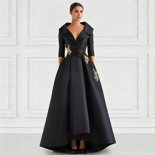 Elegant Satin Evening Gown | V-Neck 3/4 Sleeve Formal Gown with Gold Appliqu