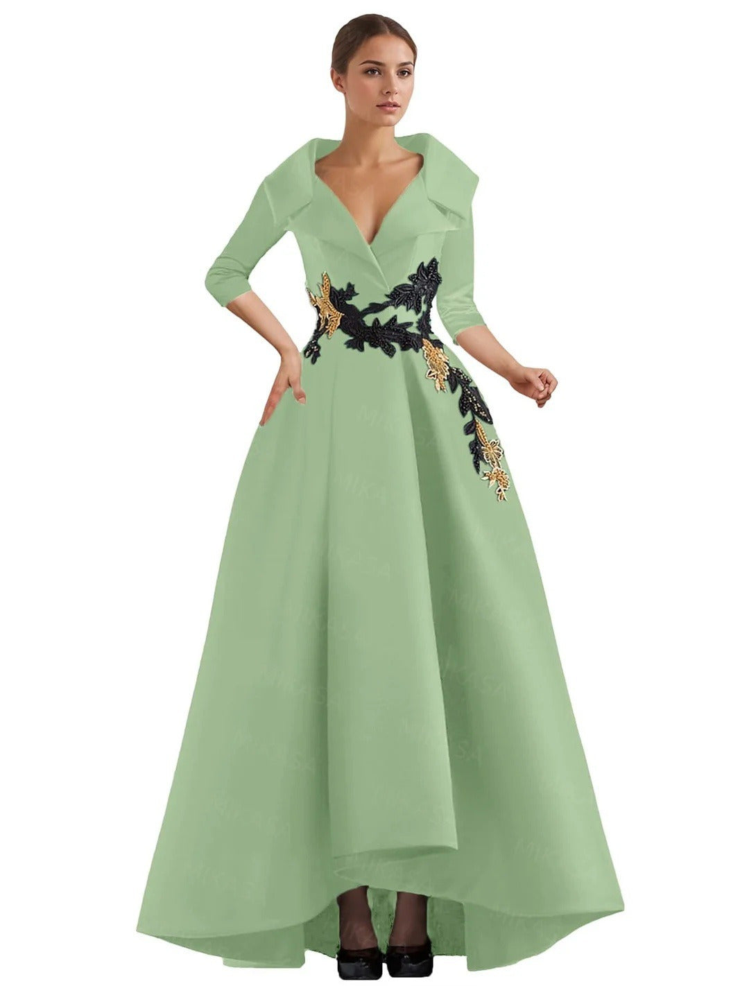 Elegant Satin Evening Gown | V-Neck 3/4 Sleeve Formal Gown with Gold Appliqu