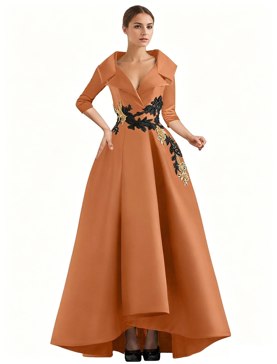 Elegant Satin Evening Gown | V-Neck 3/4 Sleeve Formal Gown with Gold Appliqu