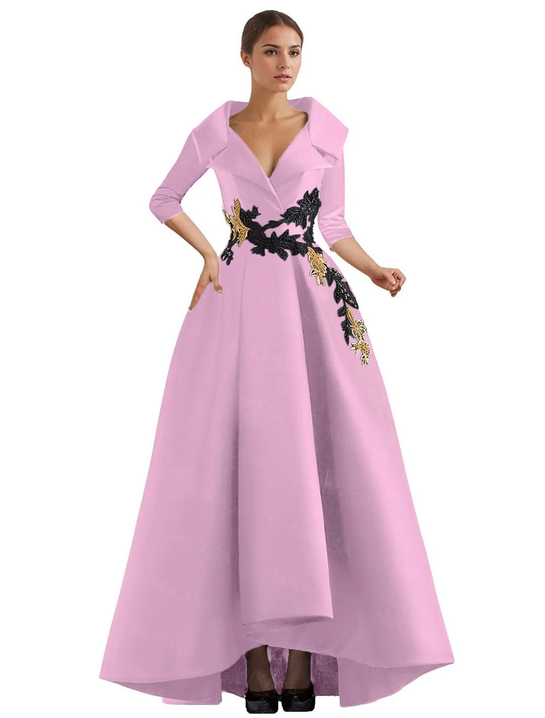 Elegant Satin Evening Gown | V-Neck 3/4 Sleeve Formal Gown with Gold Appliqu