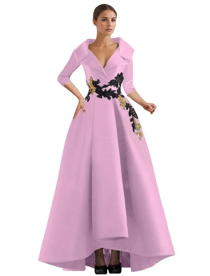 Elegant Satin Evening Gown | V-Neck 3/4 Sleeve Formal Gown with Gold Appliqu