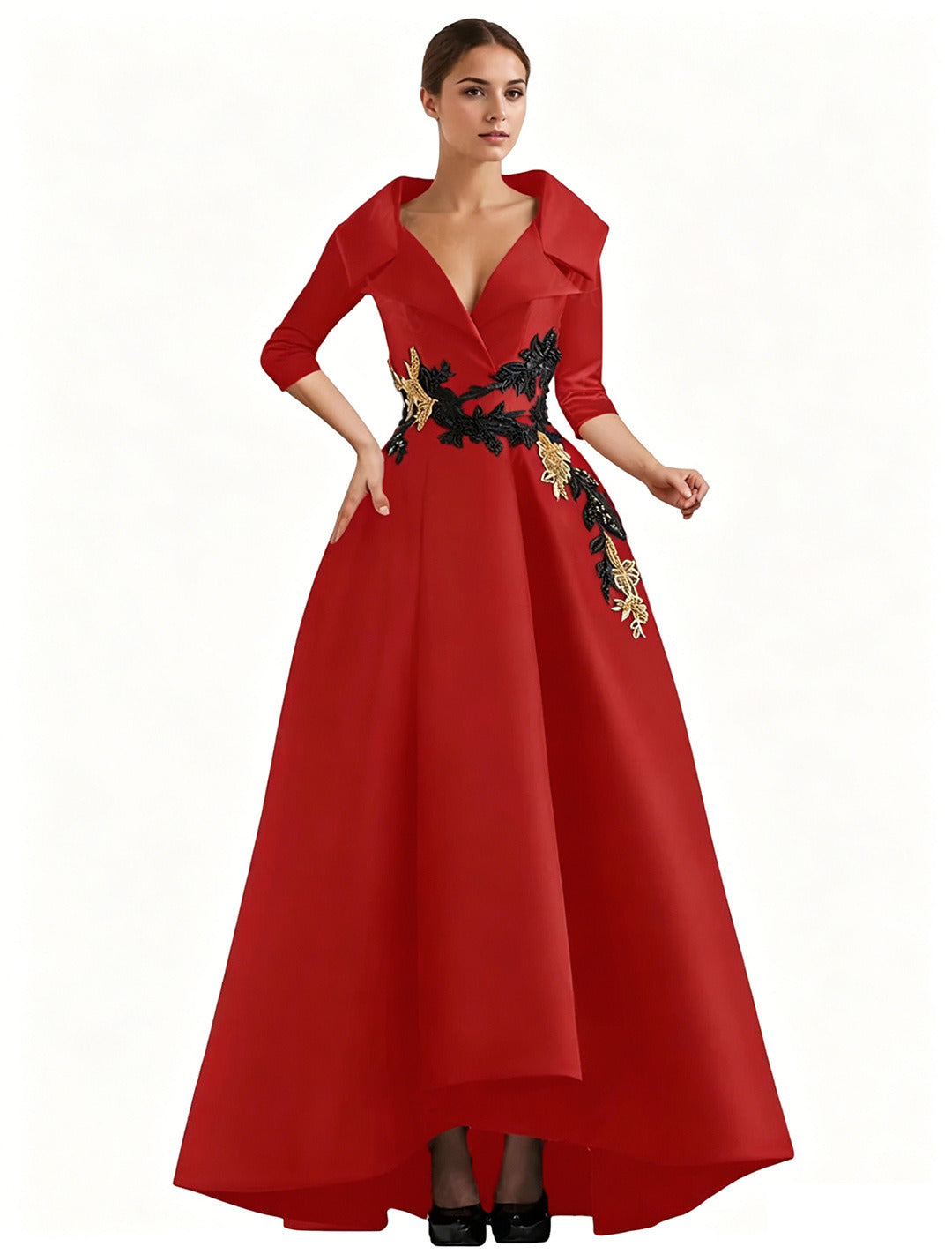 Elegant Satin Evening Gown | V-Neck 3/4 Sleeve Formal Gown with Gold Appliqu