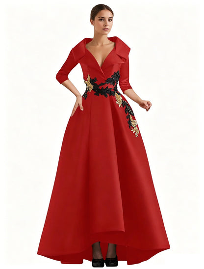 Elegant Satin Evening Gown | V-Neck 3/4 Sleeve Formal Gown with Gold Appliqu