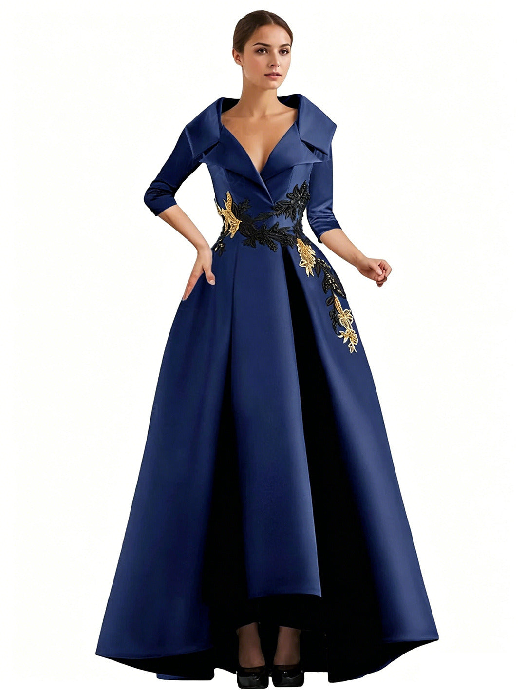 Elegant Satin Evening Gown | V-Neck 3/4 Sleeve Formal Gown with Gold Appliqu