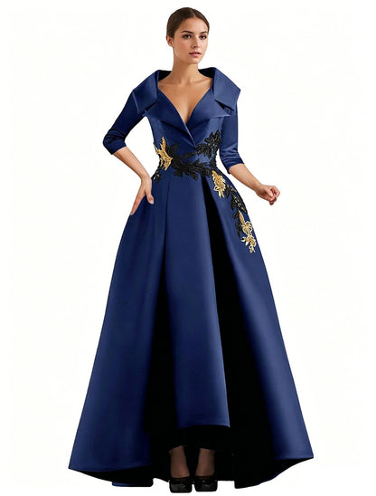Elegant Satin Evening Gown | V-Neck 3/4 Sleeve Formal Gown with Gold Appliqu
