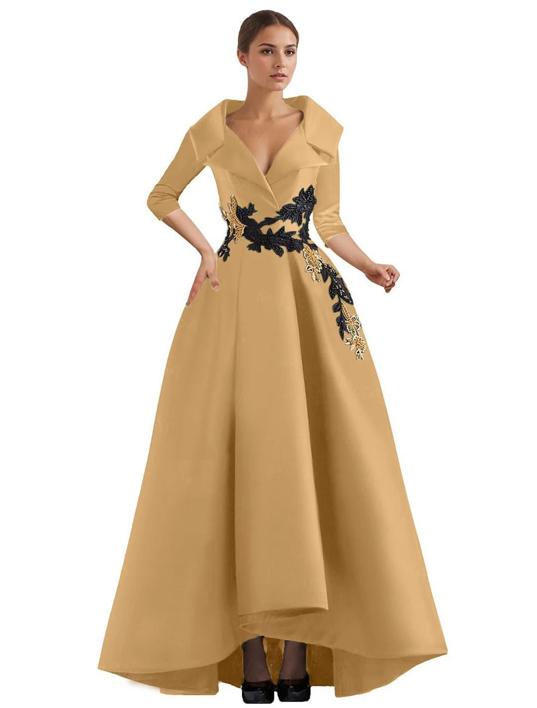 Elegant Satin Evening Gown | V-Neck 3/4 Sleeve Formal Gown with Gold Appliqu
