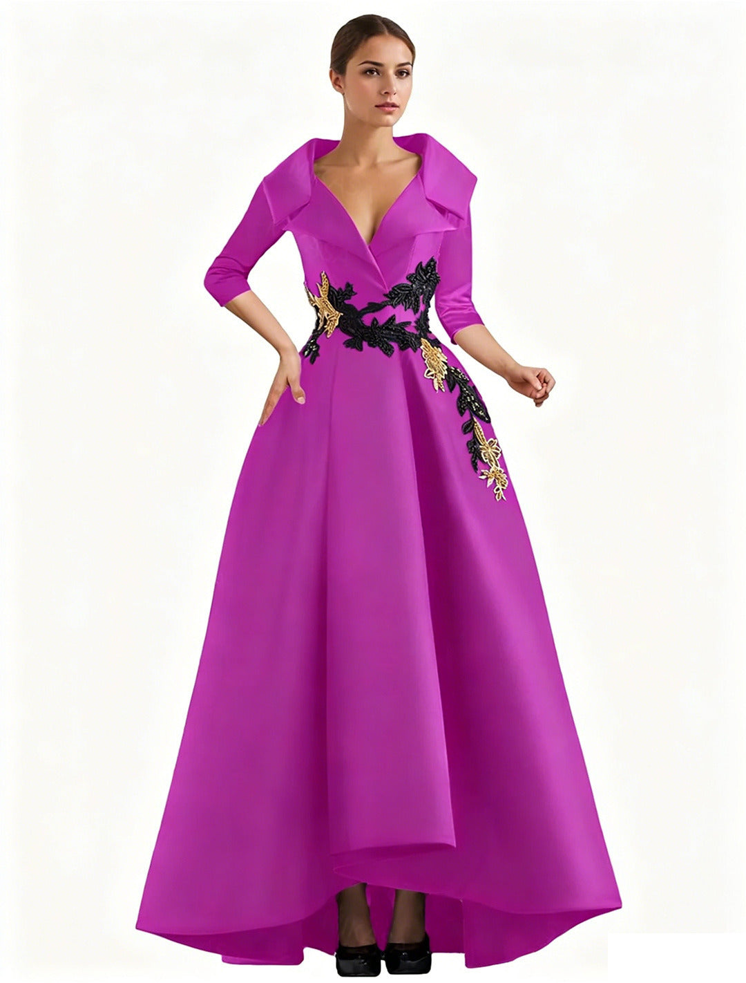 Elegant Satin Evening Gown | V-Neck 3/4 Sleeve Formal Gown with Gold Appliqu