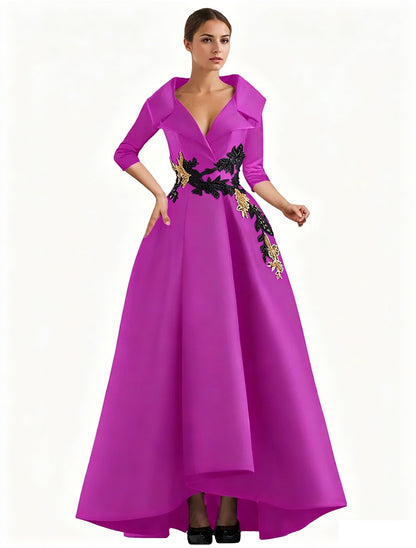 Elegant Satin Evening Gown | V-Neck 3/4 Sleeve Formal Gown with Gold Appliqu