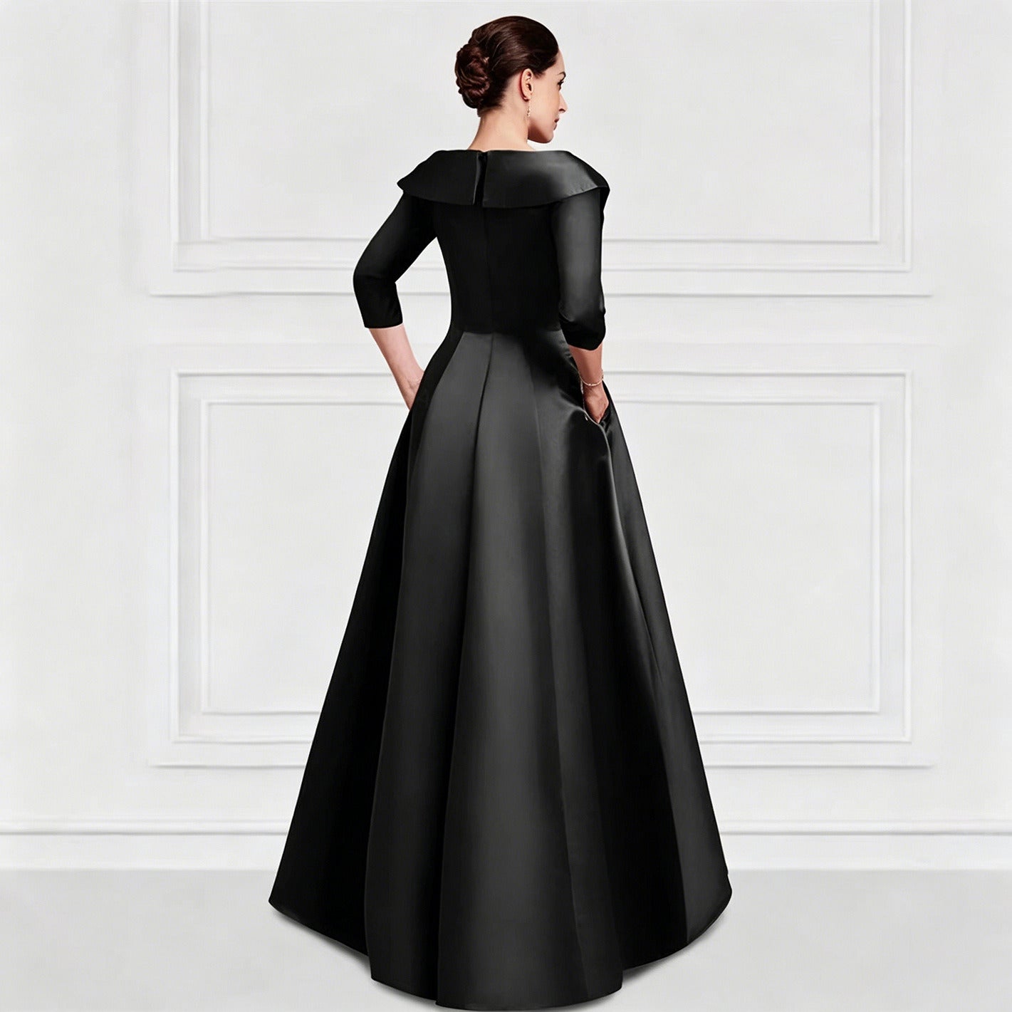 Elegant Satin Evening Gown | V-Neck 3/4 Sleeve Formal Gown with Gold Appliqu