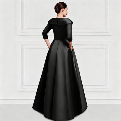 Elegant Satin Evening Gown | V-Neck 3/4 Sleeve Formal Gown with Gold Appliqu