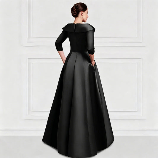 Elegant Satin Evening Gown | V-Neck 3/4 Sleeve Formal Gown with Gold Appliqu