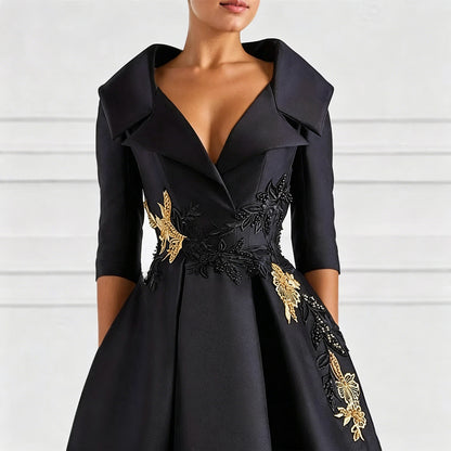 Elegant Satin Evening Gown | V-Neck 3/4 Sleeve Formal Gown with Gold Appliqu