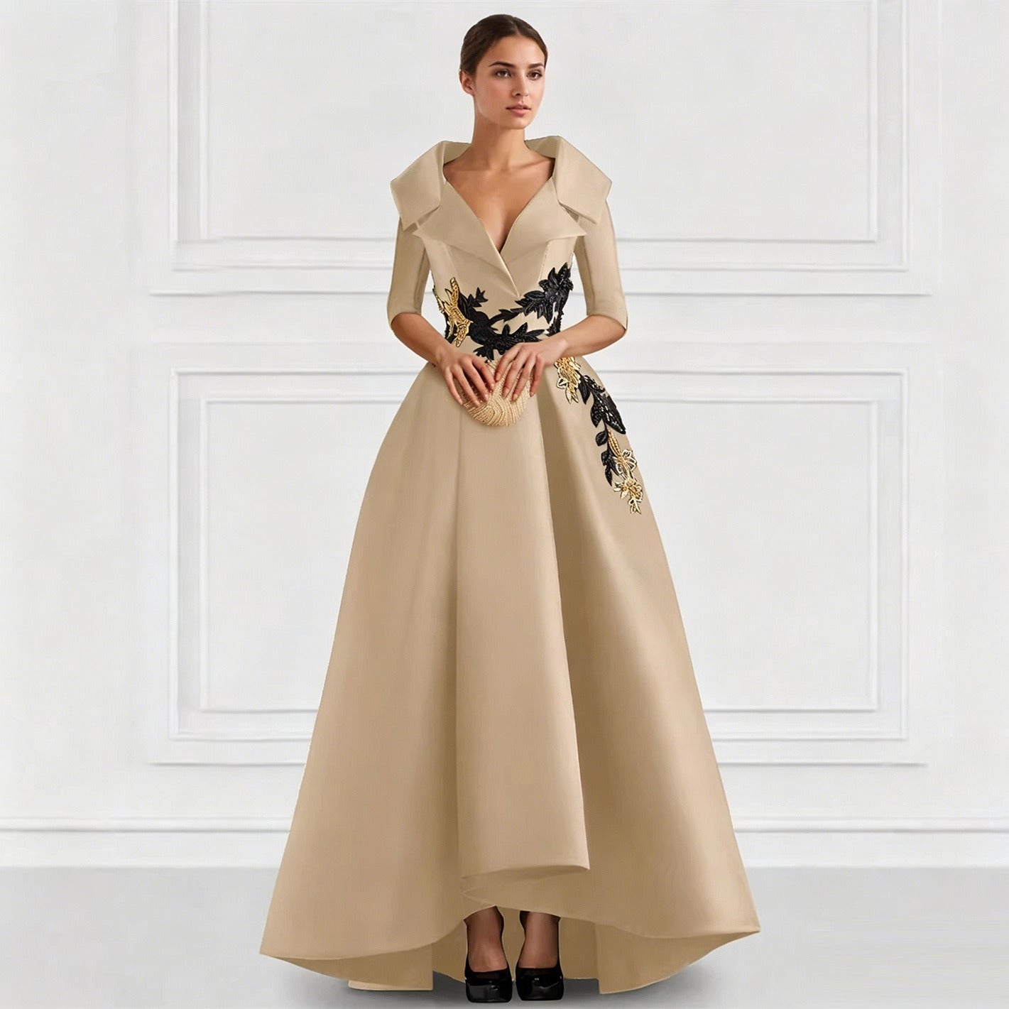 Elegant Satin Evening Gown | V-Neck 3/4 Sleeve Formal Gown with Gold Appliqu