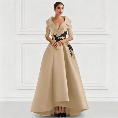 Elegant Satin Evening Gown | V-Neck 3/4 Sleeve Formal Gown with Gold Appliqu