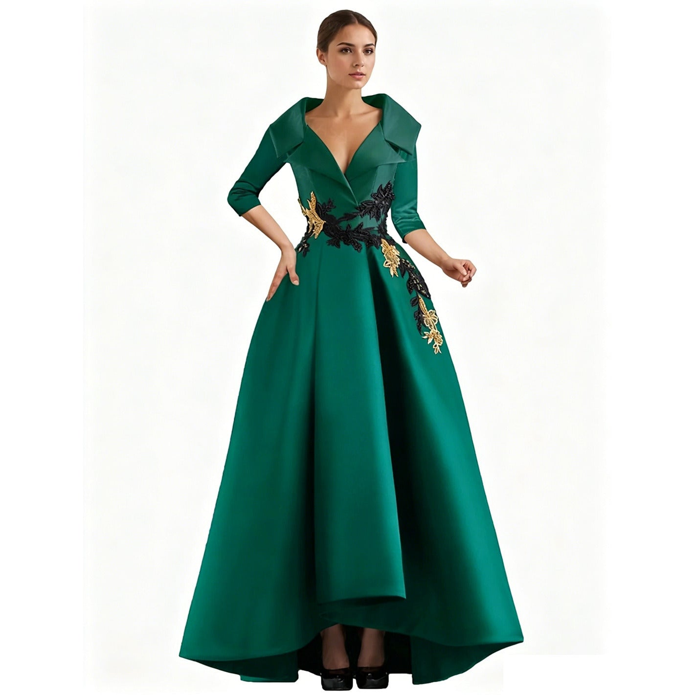 Elegant Satin Evening Gown | V-Neck 3/4 Sleeve Formal Gown with Gold Appliqu